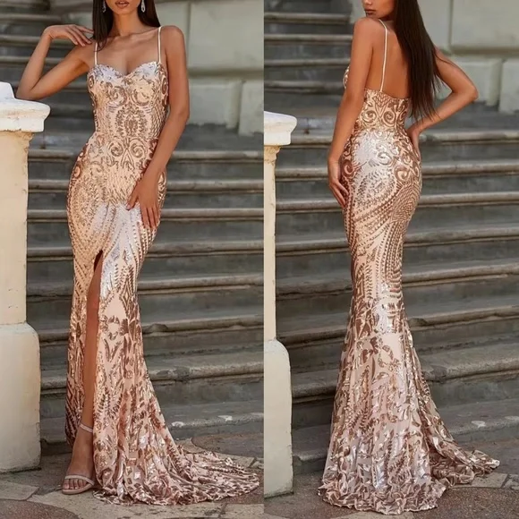 Luxe golden champagne slit thigh party formal prom wedding gown sequins dress - Picture 1 of 7
